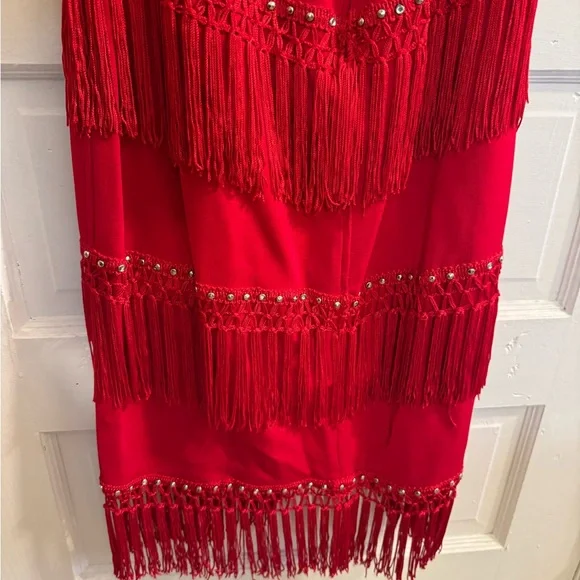 Vintage Red Tassel Halter Dress with Rhinestone Detail - Picture 3 of 11